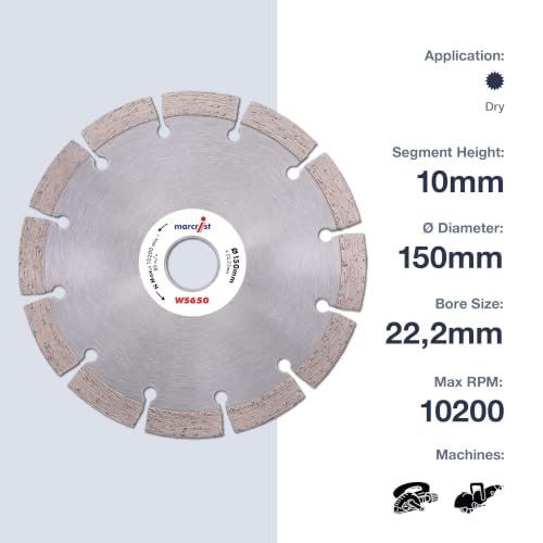 Marcrist WS650SF Wall Chaser Blade 150mm x 22.23mm - Segmented Diamond Cutting Disc for Brick, Block and Masonry - Multi Material Cutting Discs - Dry Use - 2 Pack (3711R)