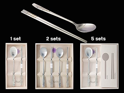 [2 Sets] [Made in Korea] Orchid Design Korean Style Sticky Rice Spoon Chopsticks Set 304 Stainless Steel Soup Spoon Ramen Chopsticks Flatware (2 Sets) 2