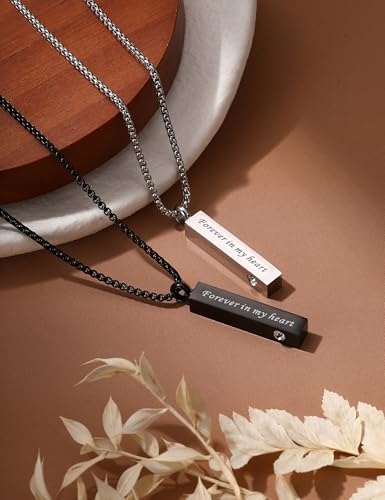 CASSIECA 2 Pcs Urn Necklace for Ashes Men Women Keepsakes for Ashes Black Silver Stainless Steel Bar Pendant Necklace Memorial Cremation Jewelry for Lost Love with Engraved Saying Forever in My Heart