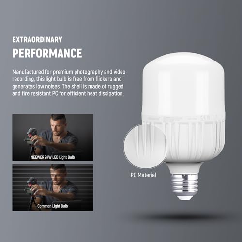 Neewer E26 24W LED Light Bulbs, 2 Packs, 2160 Lumens/5700K/CRI 93+/15000h Lifespan, Bright Video Photography Lighting, Silent/No Flicker/Non Dimmable 200W Incandescent Equivalent