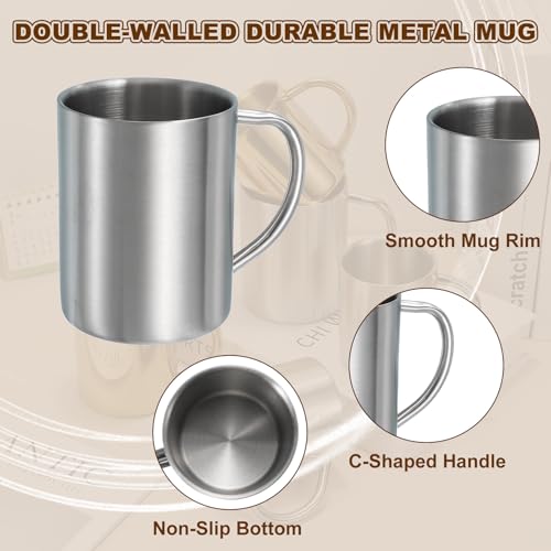 uxcell 4Pcs Metal Coffee Mugs, 14 Ounces Metal Double Walled Mugs with Handles (Silver) 4