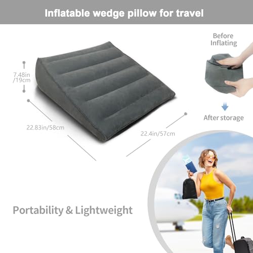 Inflatoast inflatable wedge pillow for travel, camping, and indoor sleep, lightweight body positioner on a bed.