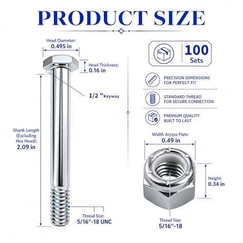5/16-18x2 Inch Bolt and nut Kit for Caster Wheel Trolley 100 Set