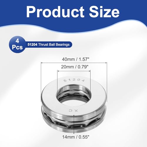 PATIKIL 51204 Thrust Ball Bearings 20x40x14mm, 4 Pcs Chromium Steel (GCr15) Miniature Single Row Roller Miniature Ball Bearings for Conveyor Systems Machine Tools, Silver #51204 20x40x14mm