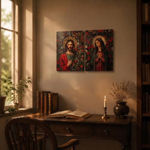 2 Pcs Framed Red Canvas Wall Art Virgin Mary Jesus Christian Decor 12x16 in 12x16 inch