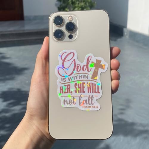 (3 Pcs) Holographic God is Within Her She Will Not Fall Psalm 46 5 Sticker - Christian Bible Verse Decal - Inspirational Faith Gift for Women - Waterproof for Laptop, Tumbler, Phone 3 Inches