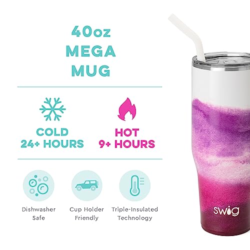 Swig Life 40oz Mega Mug, 40 oz Tumbler with Handle and Straw, Cup Holder Friendly, Dishwasher Safe, Extra Large Insulated Tumbler, Stainless Steel (Amethyst)
