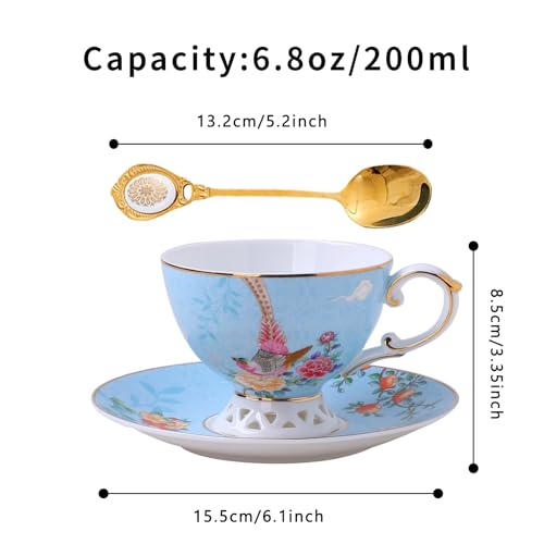 Blue Tea Cup and Saucer Set, Bone China Tea Cup and Saucer with Spoon, Porcelain Floral Teacup Set with Gold Trim, Dishwasher Safe, Food Grade, Gift for Women, Mom, Friends, 6.8 oz