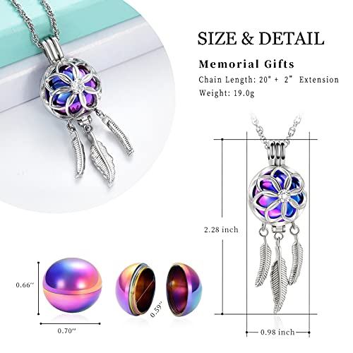 shajwo Cremation Jewelry Dream Catcher Urn Necklaces for Ashes Flower Feather Keepsake Memorial Hollow Pendant for Women Men Rainbow