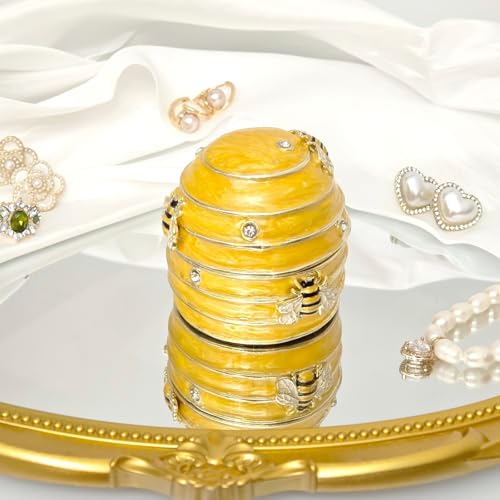 Vintage Metal Enameled Mini Bee Honeycomb Trinket Box, Yellow