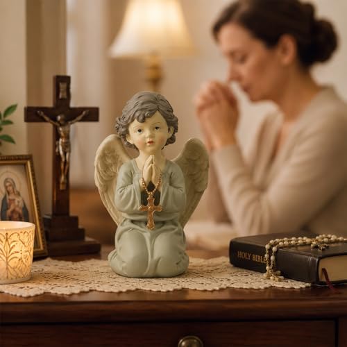 Praying Angel Figurine, Spiritual Gift with Cross, Christian Keepsake Kneeling Praying Angel with Cross