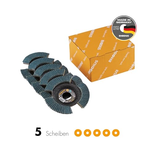 RHODIUS Vision Pro, 5 pieces, diameter 115 mm, K80 flap discs, transparent, made in Germany, metal stainless steel INOX, for angle grinder, grinding wheel, flap grinding disc | Made in Germany, transparent beim Drehen, freie Sicht aufs Werkstück, für M...