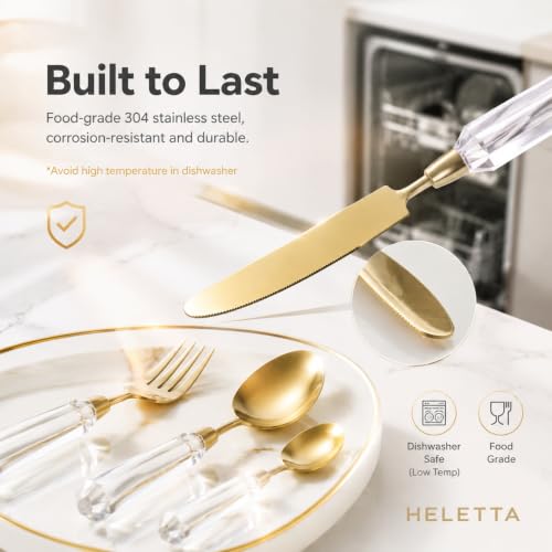 Gold Flatware Set, 5-Piece Gold Silverware Cutlery Set with Transparent Acrylic Handle, Diamond Shape 304 Stainless Steel Matte Knife Fork Spoon, Dishwasher Safe for Home Wedding Hotel