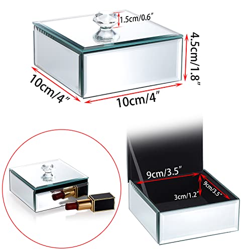 Hipiwe Silver Glass Mirrored Jewelry Box with Crystal Handle Square Trinket Organizer Treasure Chest Case Classic Keepsake Box for Storage Rings Earrings Necklace Bracele (Small, Silver) (Pack of 2) Small (Pack of 2)