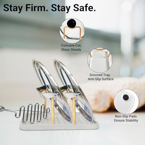 Astra Design Spoon and Lid Holder with Drip Tray Heat-Resistant Aluminum Utensil Rest Kitchen Organizer White Base with Gold Handles Modern Counter Accessory & Gift Idea White and Gold