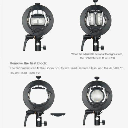 Godox S2 Camera Flash Bracket, S-Type Speedlite Holder with Bowens Mount Adapter, Compatible with Godox V1 AD200Pro V860III TT685 Flash for Softbox and Studio Lighting 2S