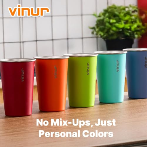 Stainless Steel Cups-16 oz Colorful Stackable Metal Drinking Glasses 8 Pcs Sky Blue-Orange-Hot Red-Apple Green-Blue-Royal Blue-Teal-Purple 8 Pack
