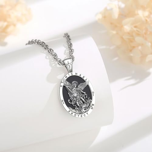 EUDORA St Saint Michael Necklace Medal for Women Men Silver-Plated Copper with Obsidian, Archangel St Michael Pendant for Protection Medalla de San Miguel Arcangel Jewelry Gifts for Mens Women, 22"