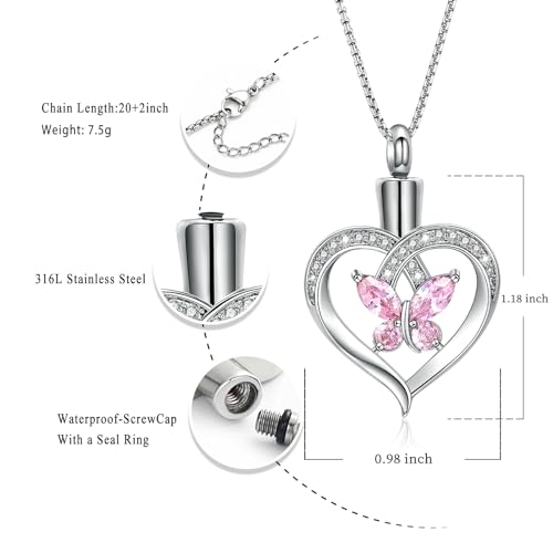 Oinsi Heart Cremation Jewelry Crystal Butterfly Urn Necklace for Ashes Stainless Steel Ash Necklace Memorial Keepsake Lokets for Ashes for Women Pink