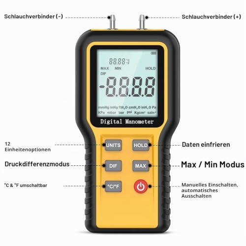 Kethvoz Differential Pressure Gauge HVAC Gas Pressure Gauge with Two Ports for Measuring Airflow Gas Differential Pressure ±2.999 psi / ±20.68 kPa, 12 Selectable Units & Data Storage KE-QX1201