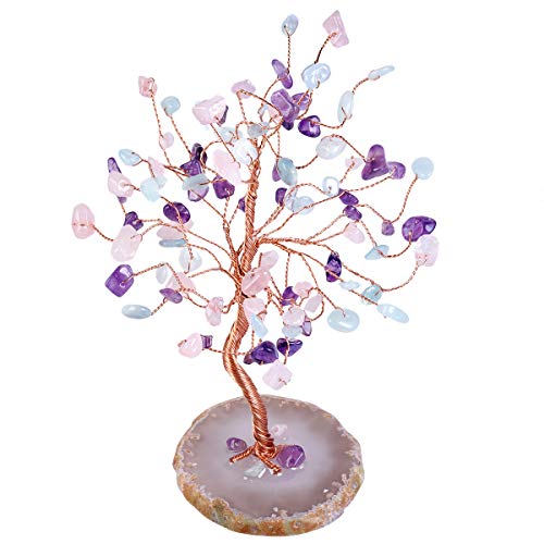 TUMBEELLUWA Healing Tricolor Crystal Money Tree on Agate Slice Base #2 Tricolor