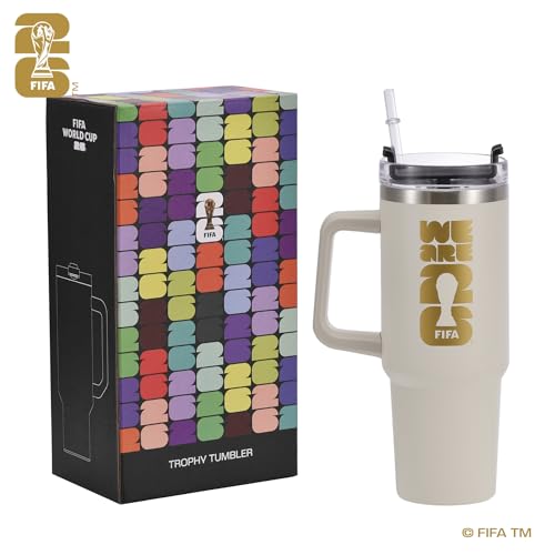 Official FIFA World Cup 2026 Edition - 30oz Insulated Double Tumbler W/Handle & Straw - Premium Stainless Steel- Handwash Only - Keep Beverages Hot 12 hr/Cold 24 hr - White