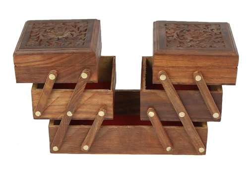 Sheesham Wood Jewelry Box Organizer, Handmade Wooden Jewelry Storage Chest with Multiple Drawers, Jewelry Holder for Rings, Earrings, Bracelets and Accessories Sliding – Hand Carved