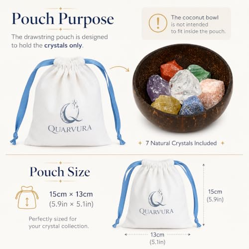 Natural Raw Healing Crystals and Chakra Stones for Reiki, Meditation and Energy Balancing,7 Chakra Crystal Set with Coconut Shell Bowl and Drawstring Pouch