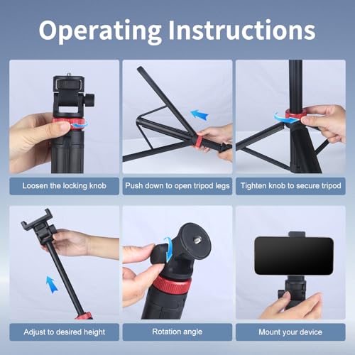 NWV 6-Section Extendable Tripod Stand with 1/4" Screw, Aluminum Alloy Camera Tripod with 180° Rotation, Foldable Phone Tripod for Live Stream, Vlogging, Photography, Max Height 210cm