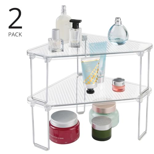 mDesign Plastic/Steel Corner Stackable Rack, Storage Organizer Shelf for Bathroom, Vanity, Countertop, Sink, Cabinet, Holds Makeup, Shower Accessories, Ligne Collection - 2 Pack - Clear