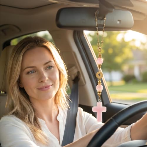 Crystal Cross Rearview Mirror Pendant, Rose Quartz Crucifix, Catholic Gift