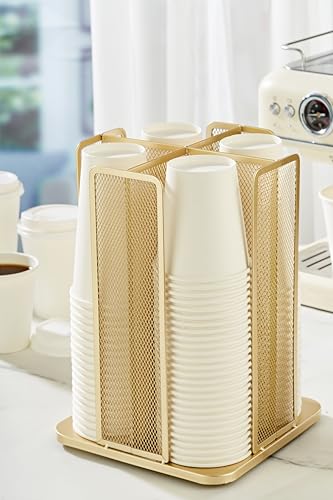 Annova Paper/Plastic Cup and Lid Holder Plastic Storage Organizer, 360°Rotating Coffee Mup Dispenser with 4 Compartments, Multifunctional Storage Rack for Home, Office, Bar, Coffee Shop (Gold) gold