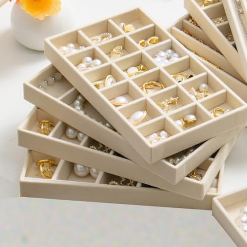 SPAKOWN Jewelry Organizer for Drawer Velvet Jewelry Tray - Set of 9 Beige