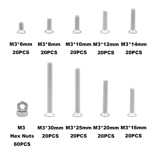 MCMASKE 240-piece M3 stainless steel Phillips flat head machine screws and hex nuts assortment kit