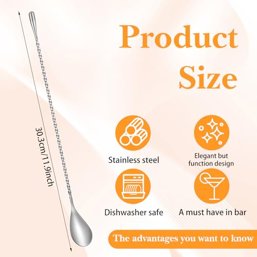 18 Pcs 12 Inch Bar Spoon Cocktail Spoon Stainless Steel Mixing Spoons Spiral Pattern with Polished Surface Stirring Spoons for Cocktail Coffee Drinks, Home Bar Party (Silver)