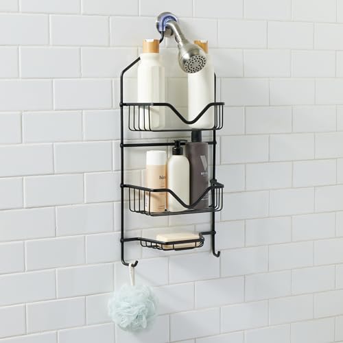 Bath Bliss 3 Tier Aluminum Shower Caddy | 2 Shelves | 1 Soap Dish | 2 Razor Hooks | Bathroom Storage | Holds Large Bottles | Black