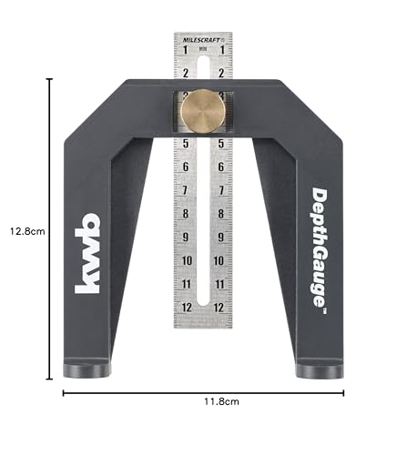 kwb Depth Gauge for Routers and Table Saws, 118 x 128 x 22 mm | Analog setting gauge | 2 measuring scales in cm and inches | Infinitely adjustable | Stainless steel measuring tongue | Incl. locking screw