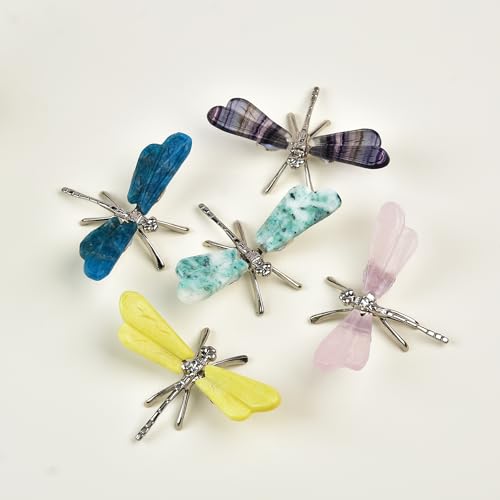 JIC Gem 2Pcs Natural Rose Quartz Crystal Dragonfly Figurines Pink Crystal Dragonfly Decoration Handmade Silver Dragonfly Crystal Healing Stone 4.0-4.5 Inch