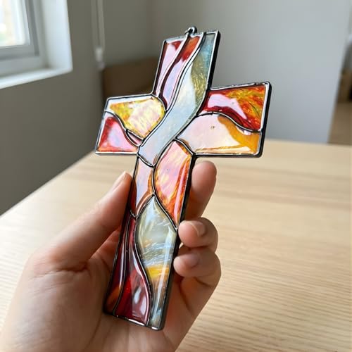 Amber Christian Cross Resin Suncatcher Size 6 Inches, Boho Stained Glass Effect Window Hanging Garden Decor, Gift for Mother's Day Mom Grandma Wife Women