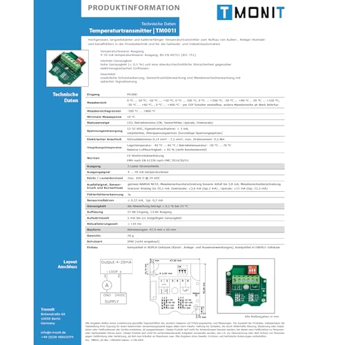 Active Temperature Transducer, 2-Conductor 4-20 mA, NE43, incl. Sensor PT1000, Adjustable Measuring Range, Active Sensor Monitoring (5 m Sensor Silicone Cable) 5m Silikon-Leitung