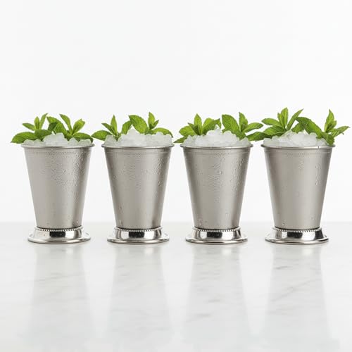 Mint Julep Cups: Set of 4, Metal 12 oz Cocktail Glasses, Stainless Steel Glasses, Party Supplies (4)