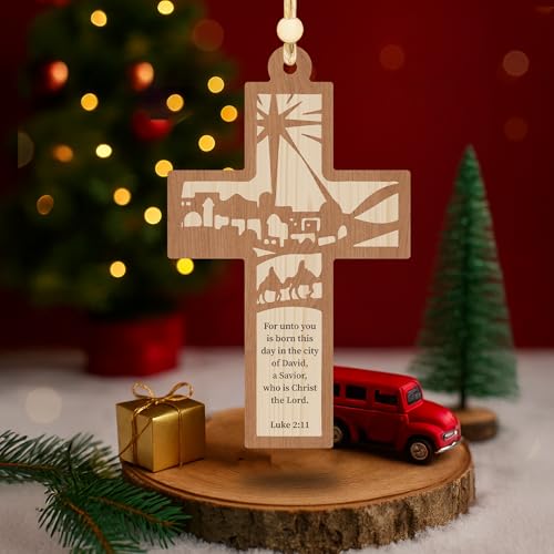 Wooden Nativity Cross Ornament, Christian Car Hanging Cross Décor, Bible Verse Luke 2:11, Religious Easter Ornament, Catholic Gift, Jesus Nativity Keepsake 2026 Nativity Cross 3