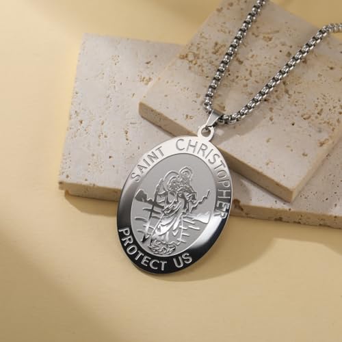 Amaxer Saint Christopher Necklace Saints Medal Religious Protection Amulet Stainless Steel Jewellery Pendant Box Chanin Necklace for Women Men (Silver)
