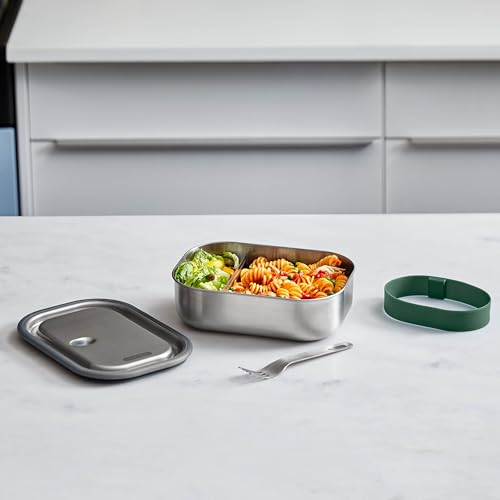 Black+Blum Stainless Steel Lunch Box | Leak Proof 3-in-1 Multi-Functional Plastic Free Vacuum Valve Bento Box with Compartment Divider and Accessories, Olive Solid