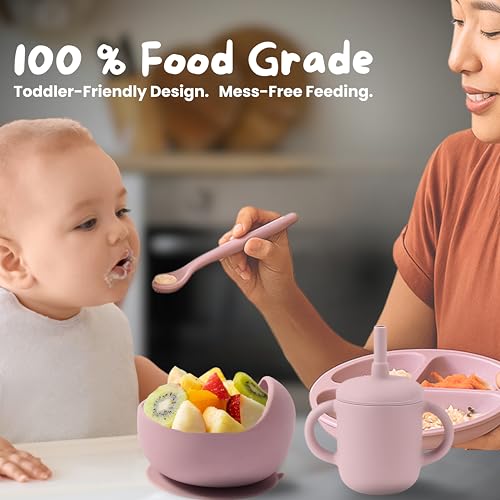 Silicone Baby Feeding Set 7-Piece Baby-Led Weaning Kit with Suction Plate & Bowl, Snack & Straw Cup with Handles, Bib & Utensils | BPA-Free, Microwave & Dishwasher Safe | Pale Mauve