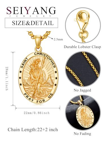 Seiyang 925 Sterling Silver St Michael/St Christopher/St Raphael/St Jude/St Benedict Crucifix Pendant/Nail Cross Necklace Religious Amulet Jewelry Gift for Men Women (with Gift Box) B07-Christopher(Oval)-Gold