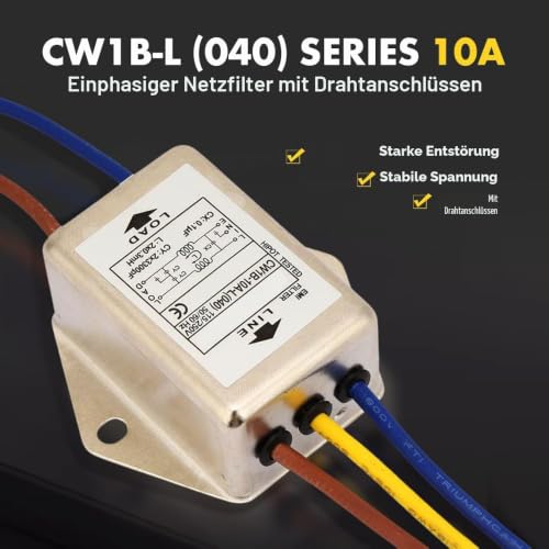 EMI Filter, CW1B-10A-L(040) Single-Phase Filter, EMI Mains Filter, 125/250V Electromagnetic Interference Filter, for Suppressing Continuous and Intermittent Pulse Interference