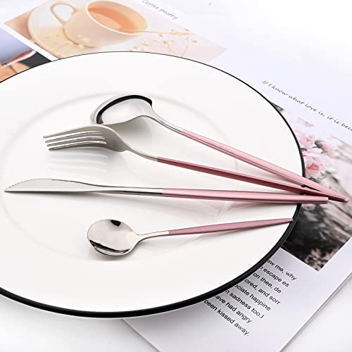 Mirror Cutlery Serving Set, 24-piece 18/0 Stainless Steel Silverware With Pink Handle Simple & Modern Tableware For Home Party Restaurant Christmas Dinner, Service For 6 (Pink Silver) Pink silver