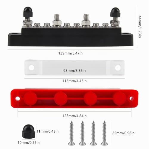 Busbar 12V-48V DC Clamp Rail (Red and Black) Pack of 2 | Distributor Block Terminal Block 150A with Cover 6 x M4 & 4 x M6 Terminal Bolts for Car Truck Yacht Boat