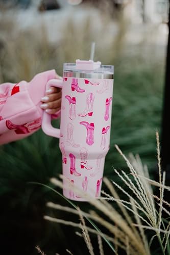 KATYDID 40oz Stainless Steel Tumbler with Handle and Straw - Dishwasher Safe Insulated Tumbler for All-Day Hot or Cold Coffee, Water, Tea, Smoothies and More (Light Pink Western Boots) Light Pink Western Boots